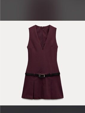 Zara Sleeveless V-Neck Mini Dress in Burgundy with Black Belt